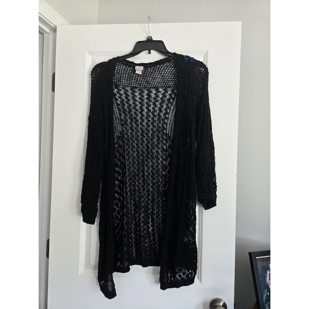 Chico's Black Womens Crochet Knit Open Front Long Sleeve Cardigan size med